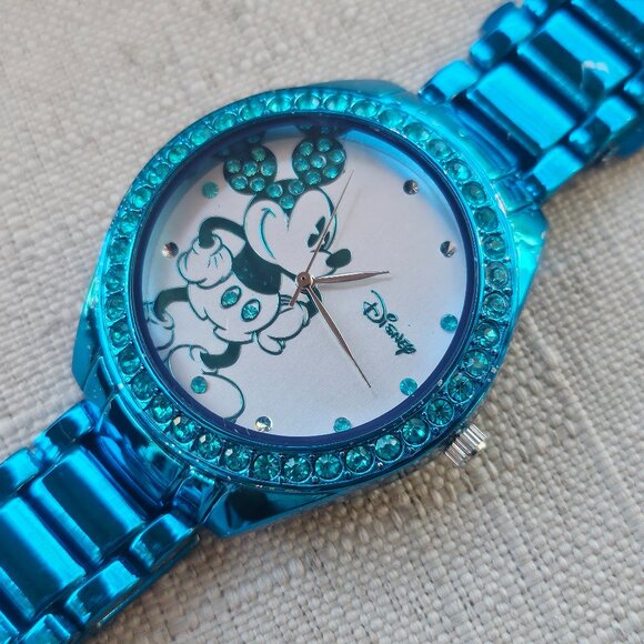 Disney Minnie Mouse Wristwatch Blue Tone Metal Strap Analog Quartz Watch Accutim - Picture 1 of 12